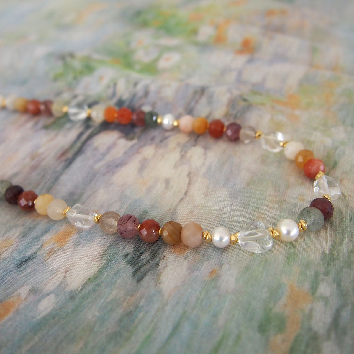 Agate, Pearls, Quartz Rutilated, Rock Crystal, Strawberry Quartz Necklace- Vigour