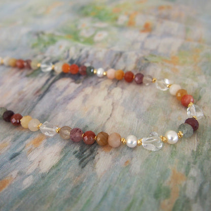 Agate, Pearls, Quartz Rutilated, Rock Crystal, Strawberry Quartz Necklace- Vigour