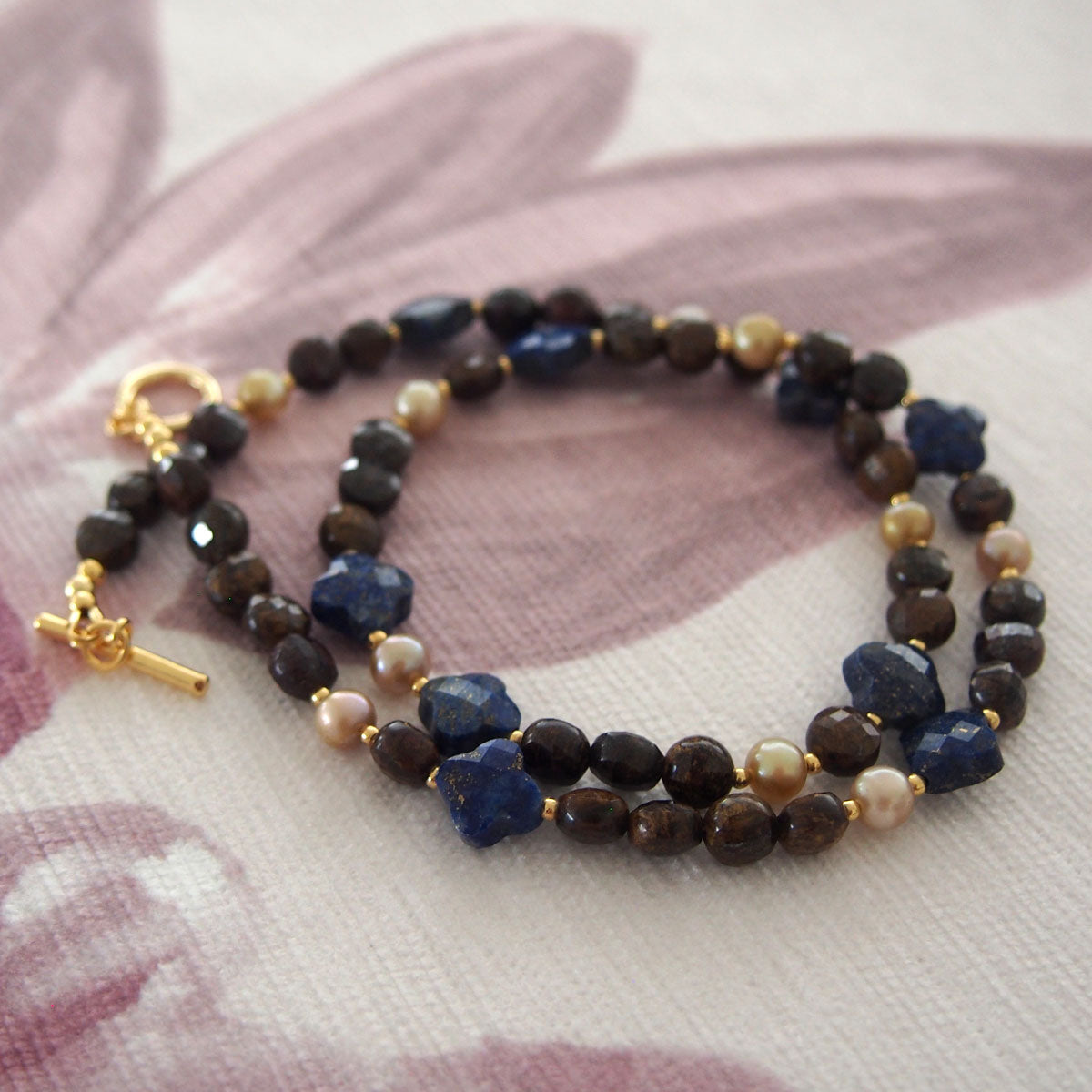 Lapis Lazuli, Bronzite, Pearls Necklace- Night Sky