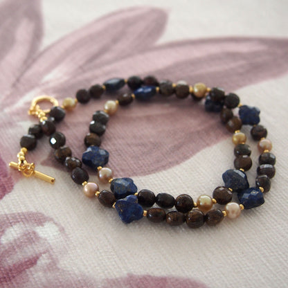 Lapis Lazuli, Bronzite, Pearls Necklace- Night Sky