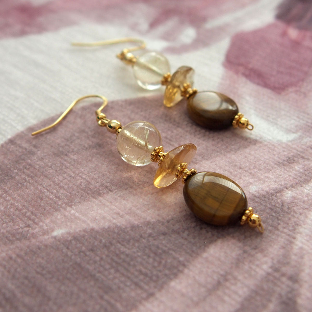 Citrine, Tiger’s eye Earrings–Among the blooms
