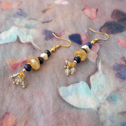 Lepidolite, Pearls, Lapis Lazuli, Quartz Rutilated Earrings- Power