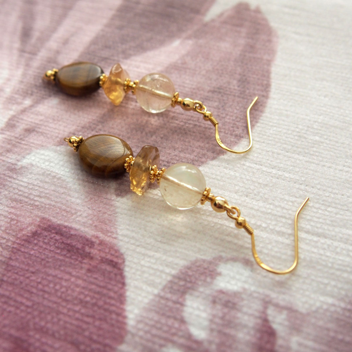 Citrine, Tiger’s eye Earrings–Among the blooms