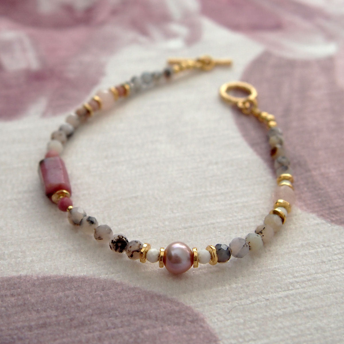 Rhodonite, Pearls, Morganite, Common Opal, Rhodochrosite Bracelet–Rosa multiflora