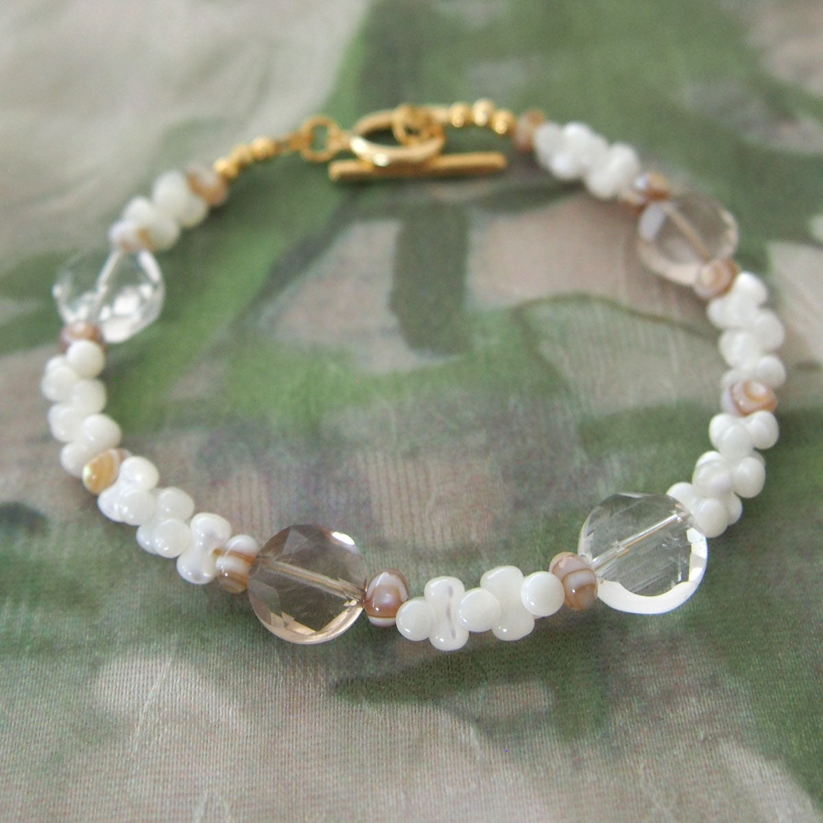 Smoky Quartz, Rock Crystal, Shell beads Bracelet- Snowberry