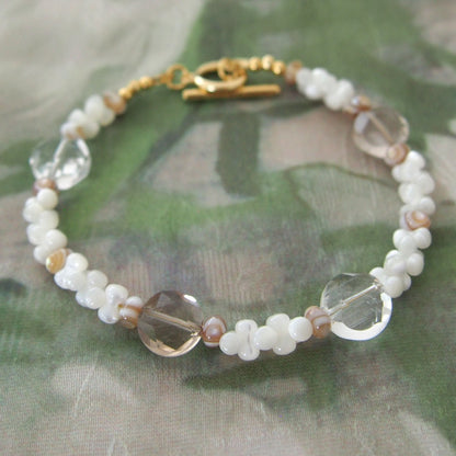 Smoky Quartz, Rock Crystal, Shell beads Bracelet- Snowberry
