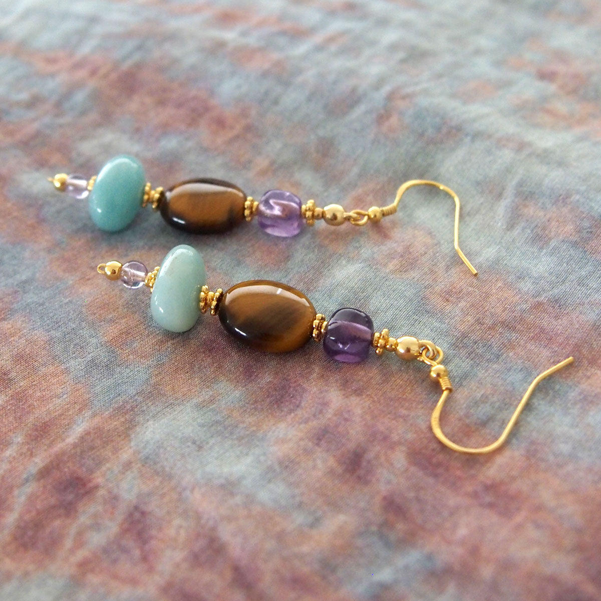 Tiger’s eye, Amazonite, Amethyst Earrings- Courage