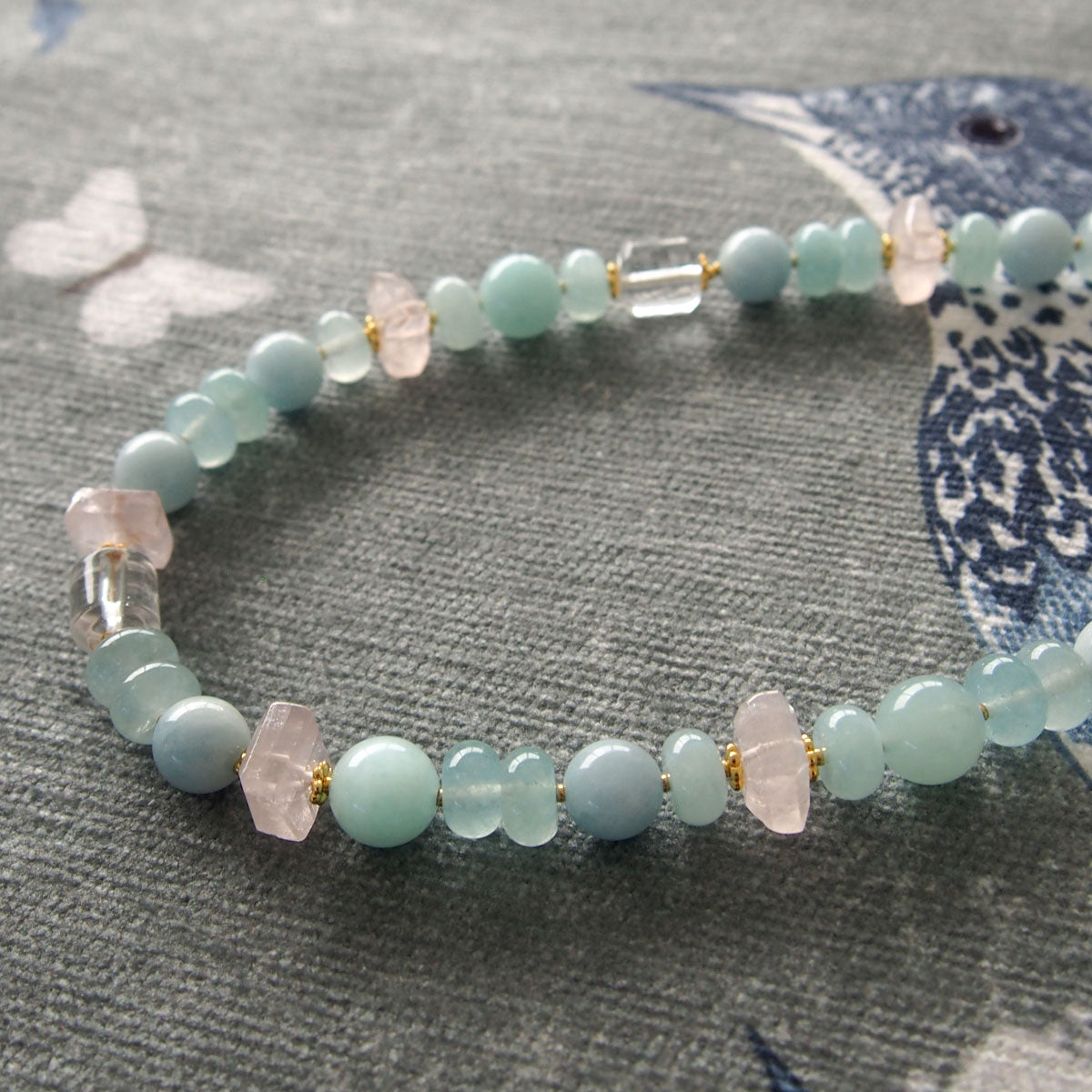 Rose Quartz, Rock Crystal, Amazonite, Beryl, Chalcedony Necklace- Romance
