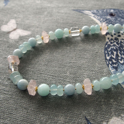 Rose Quartz, Rock Crystal, Amazonite, Beryl, Chalcedony Necklace- Romance