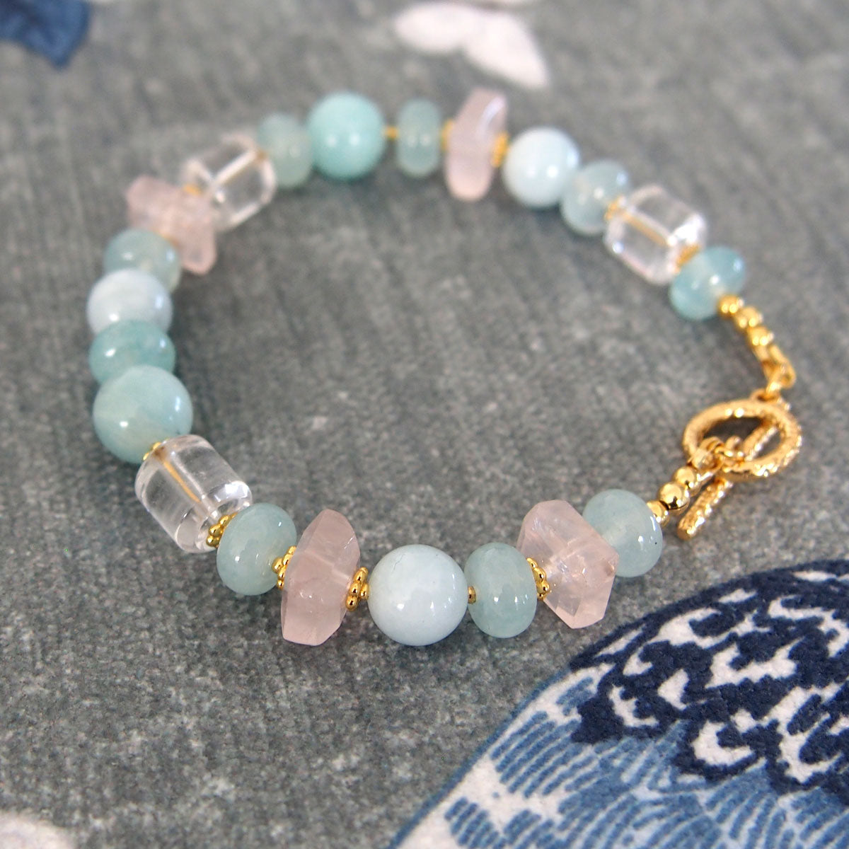Rose Quartz, Rock Crystal, Amazonite, Beryl, Chalcedony Bracelete- Romance