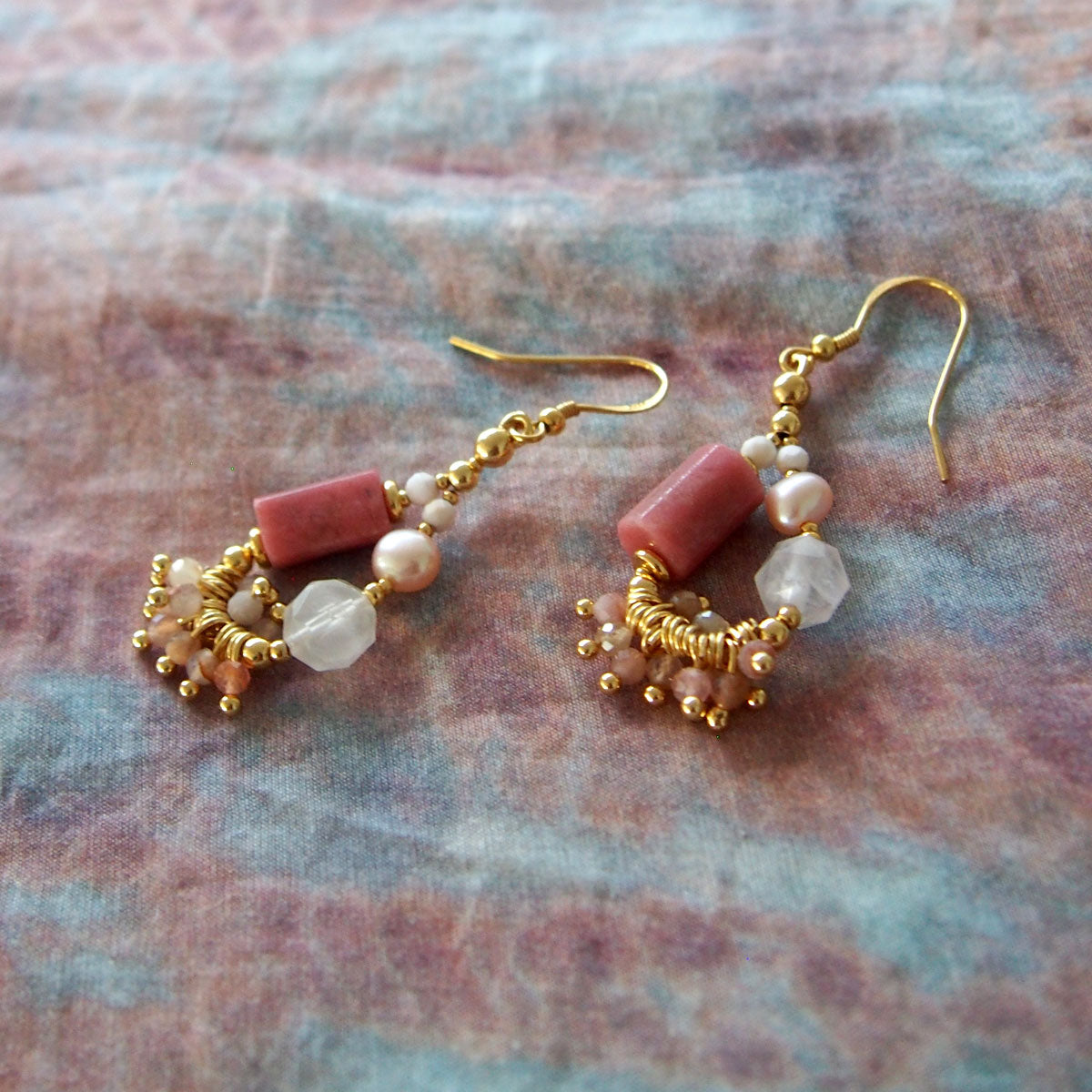 Rhodonite, Rock Crystal, Pearls Sakura agate Earrings- Love