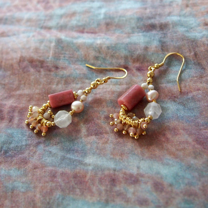 Rhodonite, Rock Crystal, Pearls Sakura agate Earrings- Love