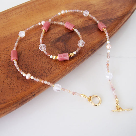 Rhodonite, Rock Crystal, Pearls, Sakura agate Necklace- Love