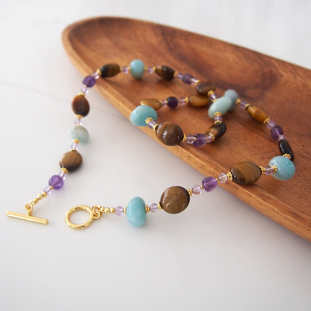 Tiger’s eye, Amazonite, Amethyst Necklace- Courage