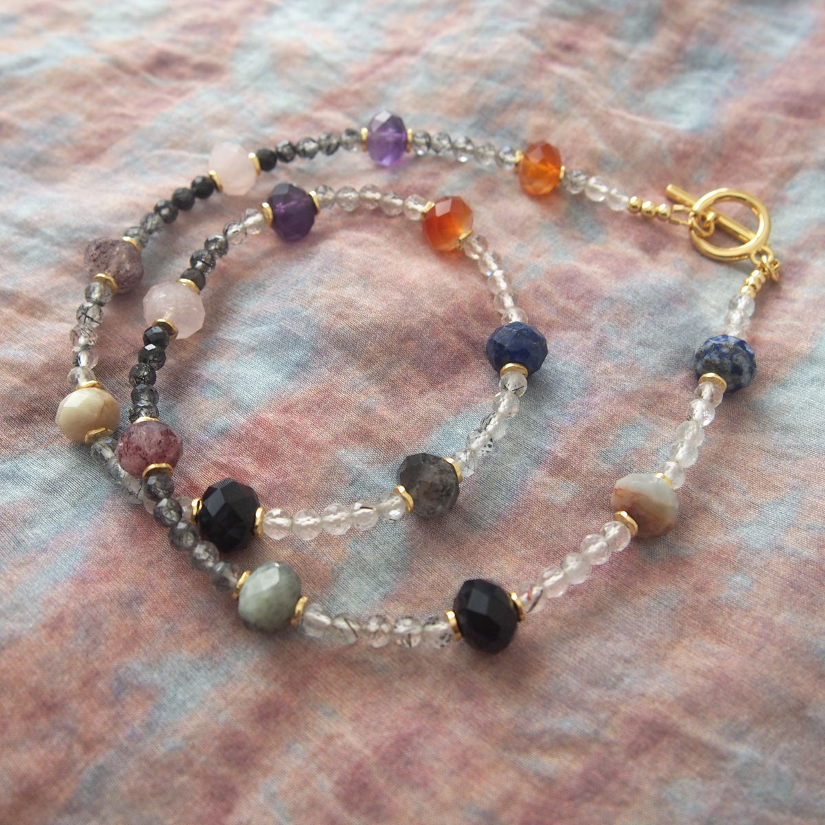 Agate, Amethyst, Lapis Lazuli, Quartz Rutilated, Rose Quartz, Strawberry Quartz Necklace- Abundance