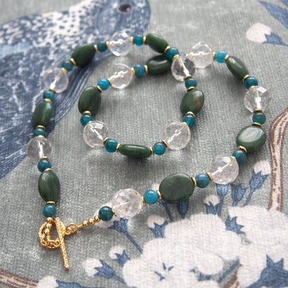 Rock crystal,  Jade(oval),  Apatite Necklace-Blue Spring