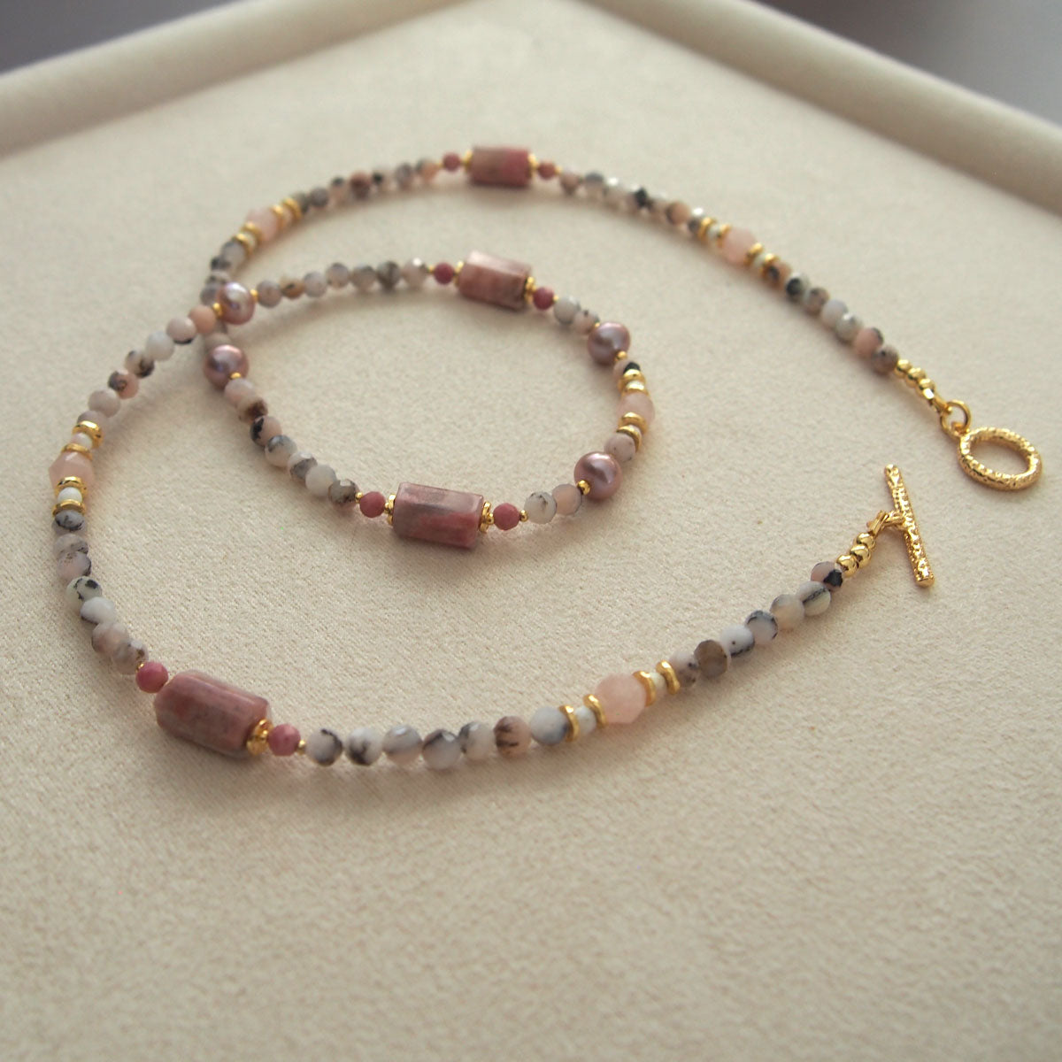 Rhodonite, Pearls, Morganite, Common Opal, Rhodochrosite Necklace–Rosa multiflora