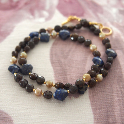 Lapis Lazuli, Bronzite, Pearls Necklace- Night Sky