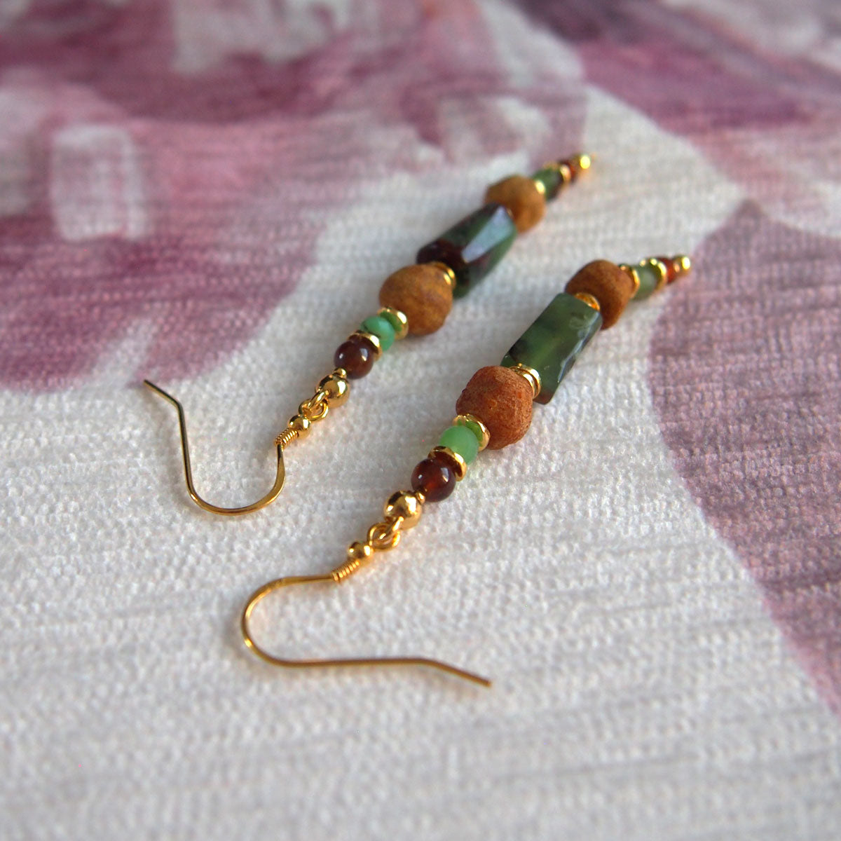 Common Opal(green), Amber(Raw crust), Chrysoprase, Garnet(orange) Earrings–Buds