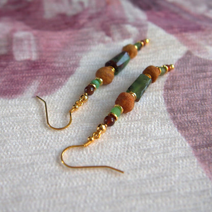 Common Opal(green), Amber(Raw crust), Chrysoprase, Garnet(orange) Earrings–Buds