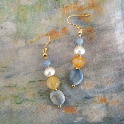 Magnesite, Pearls, Inclusion Quartz, Blue Anhydrite Earrings-Sky