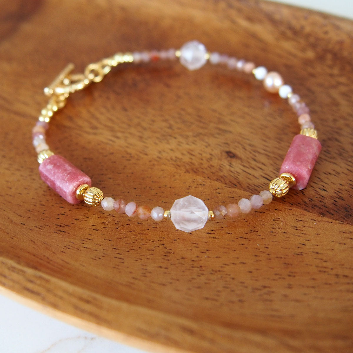 Rhodonite, Rock Crystal, Pearls, Sakura agate Bracelet- Love
