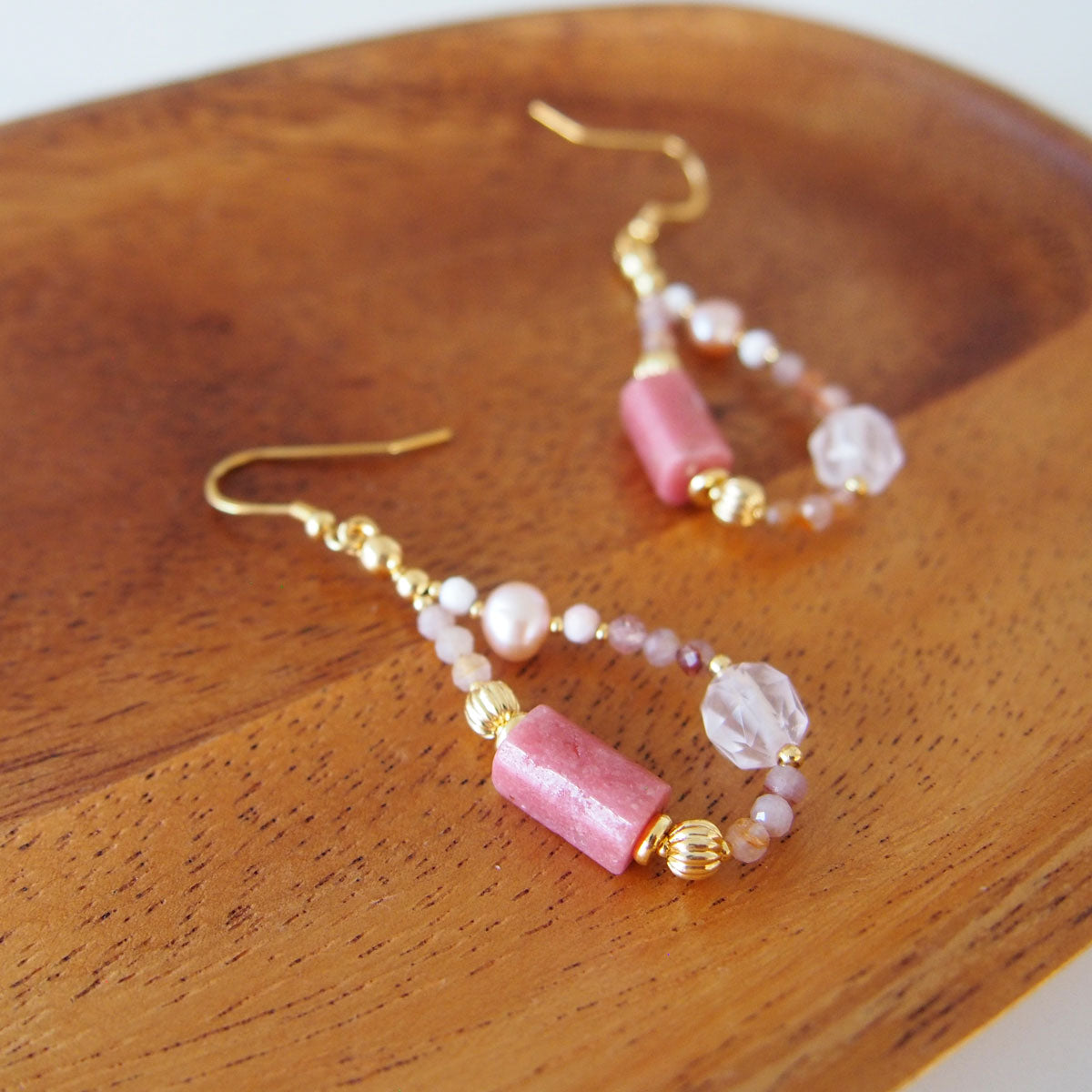 Rhodonite, Rock Crystal, Pearls, Sakura agate Earrings- Love