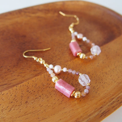 Rhodonite, Rock Crystal, Pearls, Sakura agate Earrings- Love