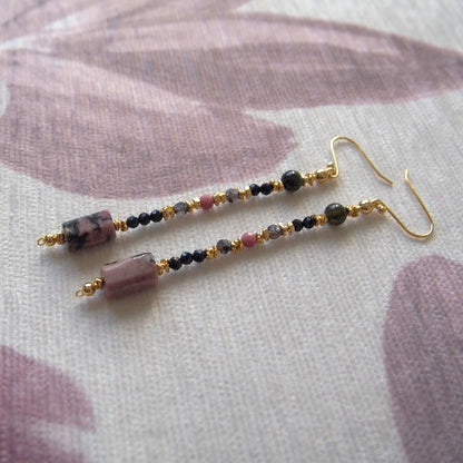 Rhodonite, Tourmaline(black), Rhodochrosite, Lolite Earrings–Dangerous tenderness