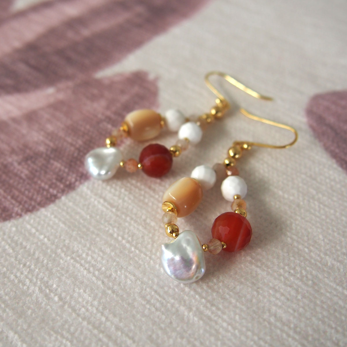 Pearls, Shell beads, Agate, Sunstone Earrings- Red sun