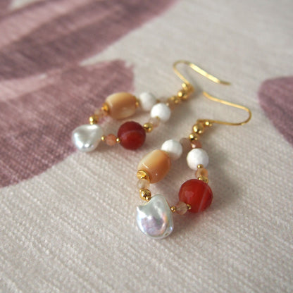 Pearls, Shell beads, Agate, Sunstone Earrings- Red sun