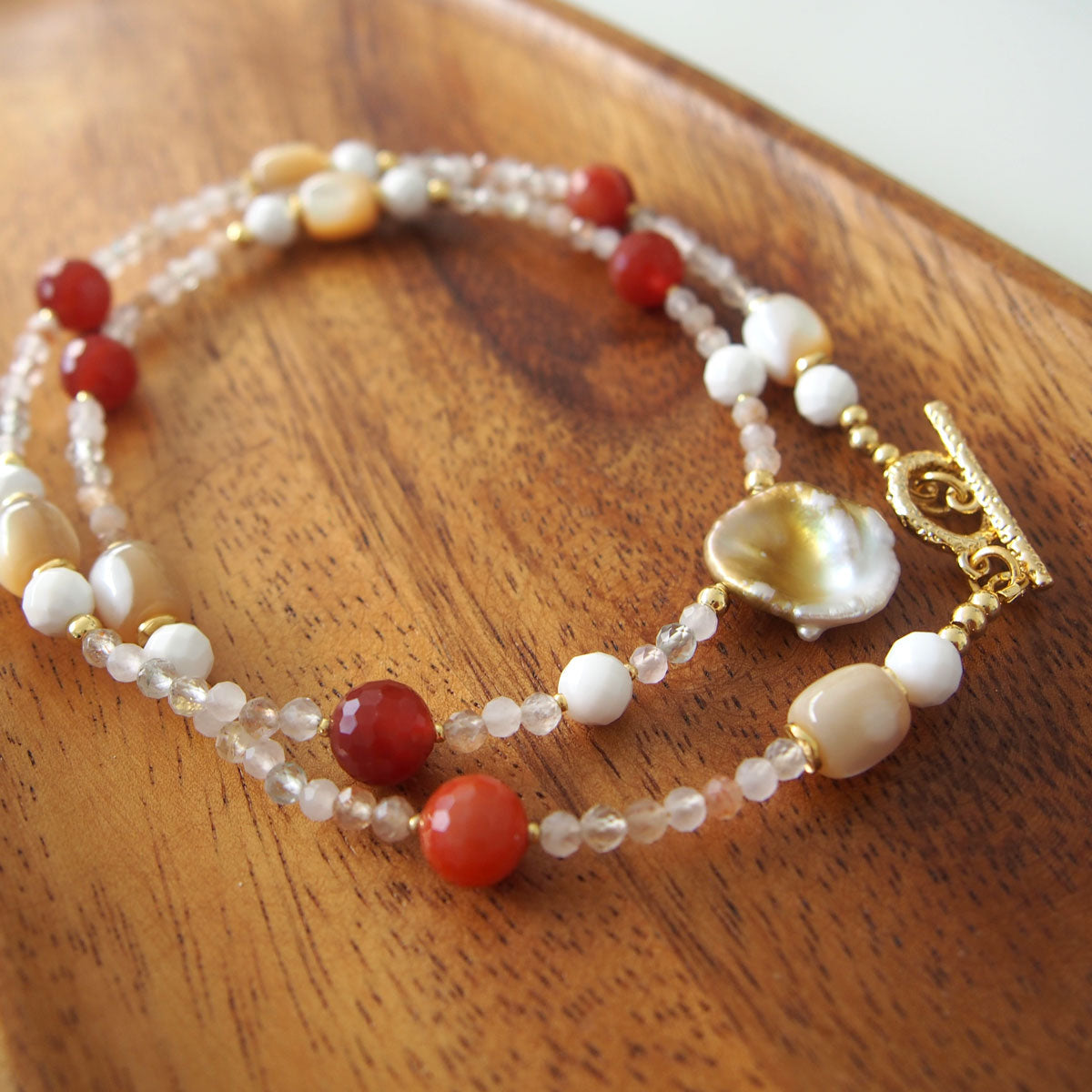 Pearls, Shell beads, Agate, Sunstone Necklace- Red sun