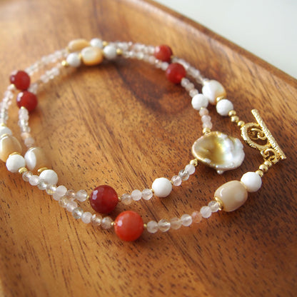 Pearls, Shell beads, Agate, Sunstone Necklace- Red sun