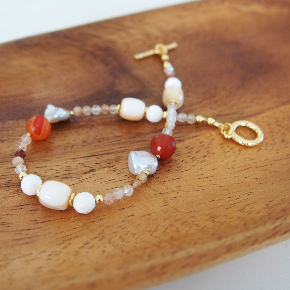 Pearls, Shell beads, Agate, Sunstone Bracelet- Red sun