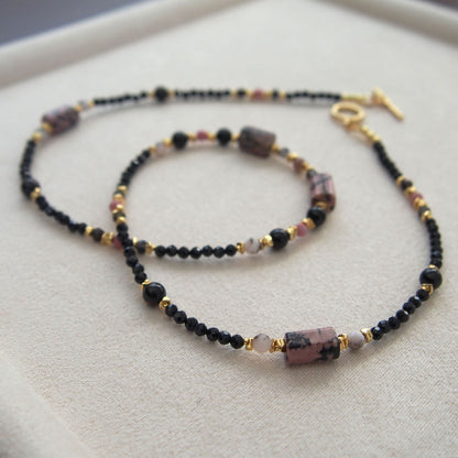 Rhodonite, Tourmaline(black), Opal(common), Rhodochrosite, Lolite Necklace–Dangerous tenderness