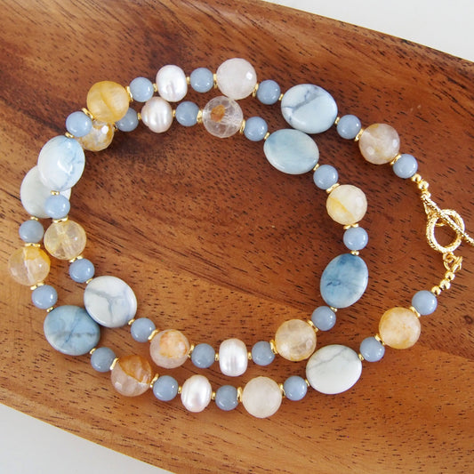 Magnesite, Pearls, Inclusion Quartz, Blue Anhydrite Necklace-Sky