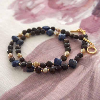 Lapis Lazuli, Bronzite, Pearls Necklace- Night Sky