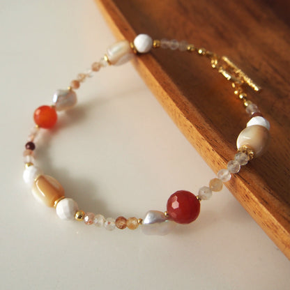 Pearls, Shell beads, Agate, Sunstone Bracelet- Red sun