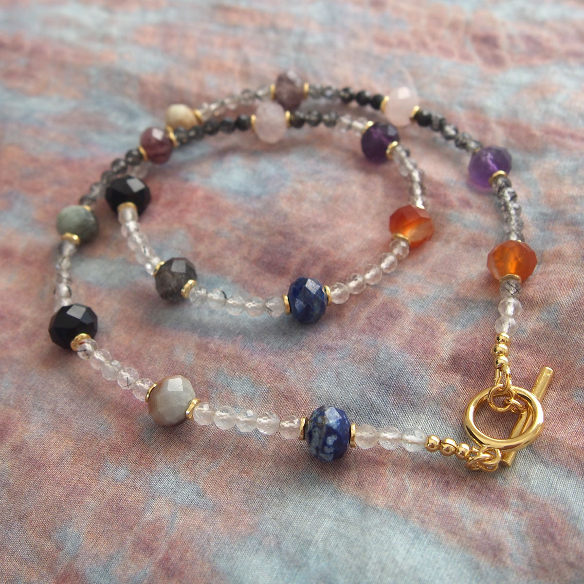 Agate, Amethyst, Lapis Lazuli, Quartz Rutilated, Rose Quartz, Strawberry Quartz Necklace- Abundance
