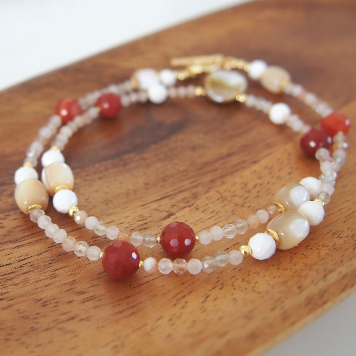 Pearls, Shell beads, Agate, Sunstone Necklace- Red sun