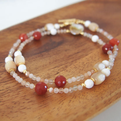 Pearls, Shell beads, Agate, Sunstone Necklace- Red sun
