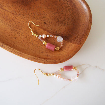 Rhodonite, Rock Crystal, Pearls, Sakura agate Earrings- Love