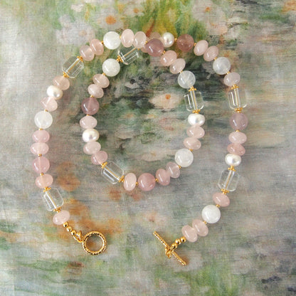 Rock Crystal, Moonstone, Rose Quartz, Pearls Necklace- Romance