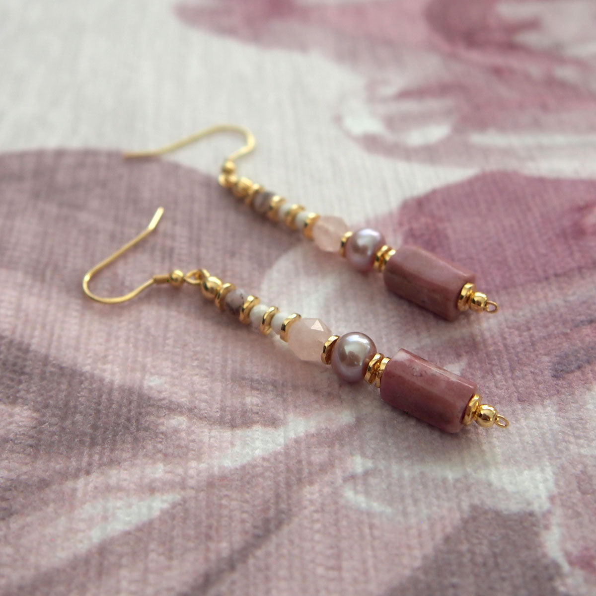 Rhodonite, Pearls, Morganite, Common Opal Earrings–Rosa multiflora