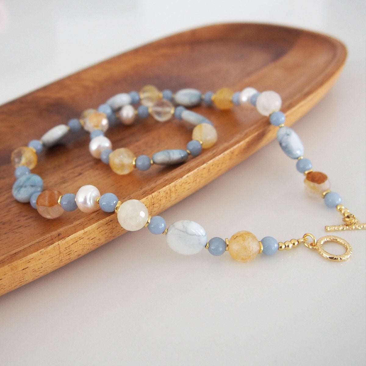 Magnesite, Pearls, Inclusion Quartz, Blue Anhydrite Necklace-Sky