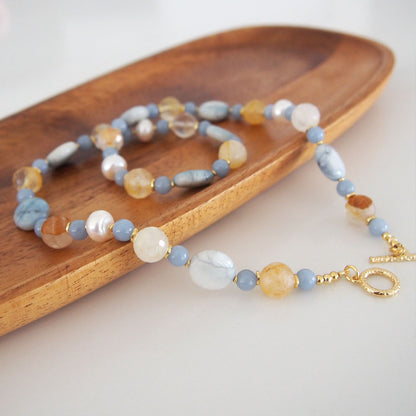 Magnesite, Pearls, Inclusion Quartz, Blue Anhydrite Necklace-Sky