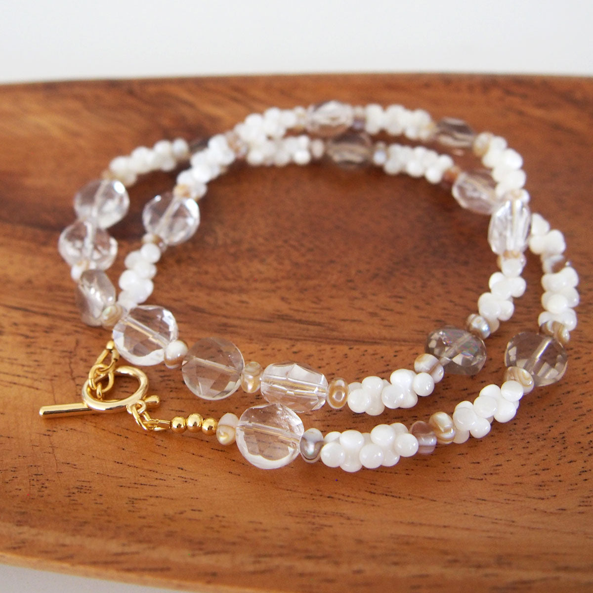 Smoky Quartz, Rock Crystal, Shell beads Necklace- Snowberry