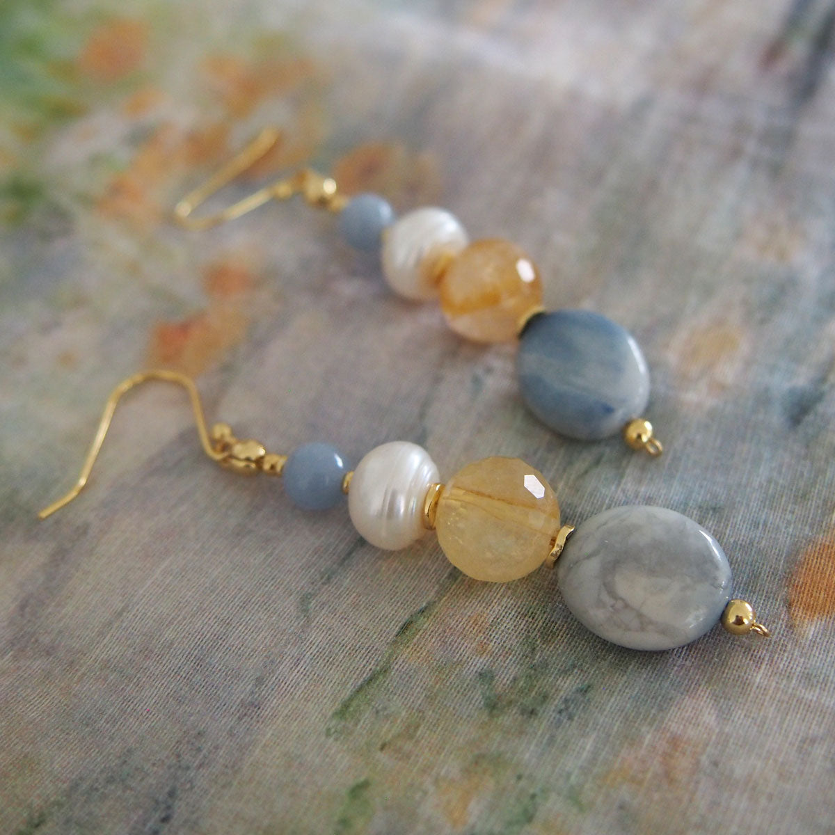Magnesite, Pearls, Inclusion Quartz, Blue Anhydrite Earrings-Sky