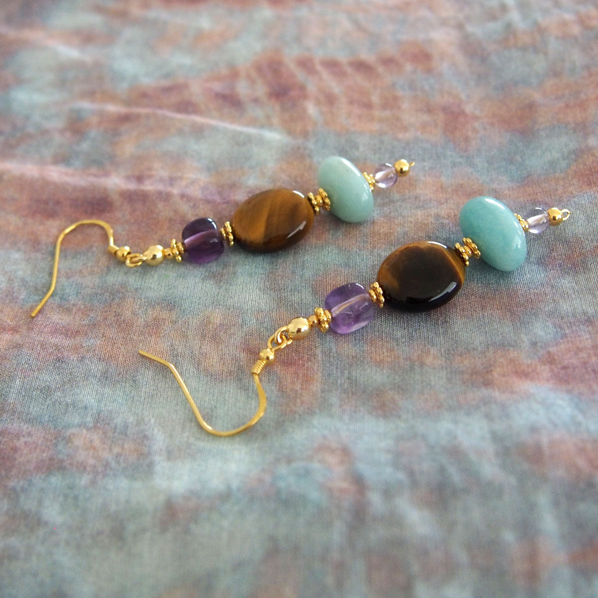 Tiger’s eye, Amazonite, Amethyst Earrings- Courage