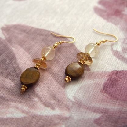 Citrine, Tiger’s eye Earrings–Among the blooms